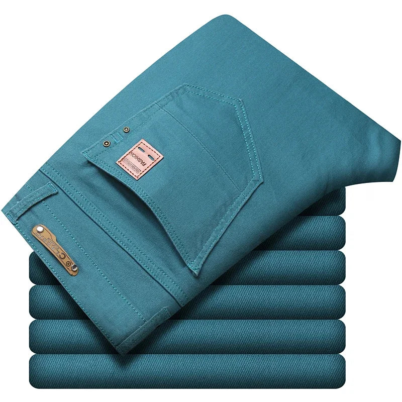 2024 Autumn New Men's Bright Stretch Fit Jeans Trendy Denim Straight-leg Trousers Male Red Lake Blue Yellow Trousers