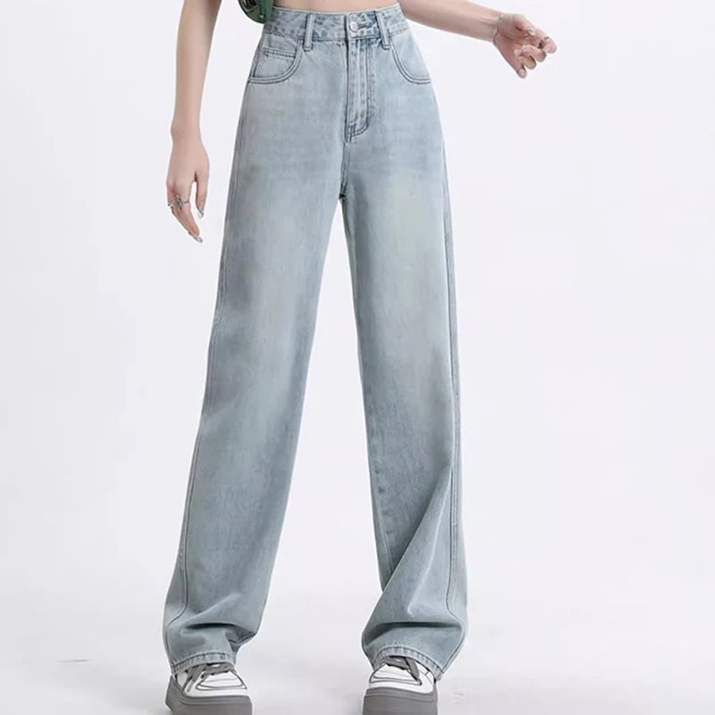 Girls High Waist Wide Leg Jeans Lady High Street Denim Straight Leg Pants Female Retro Blue Light Blue Black Gray Pink Trousers