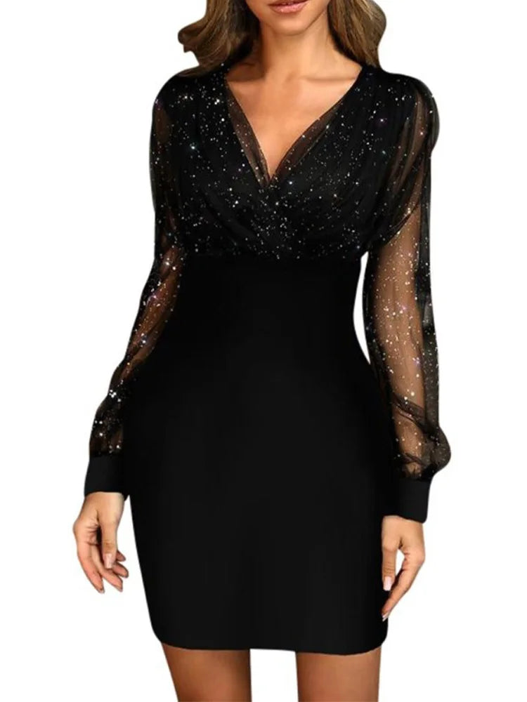 Sexy V-Neck See Through Long Sleeve Dress