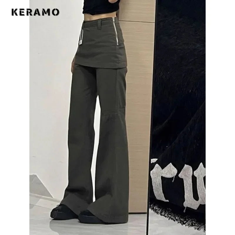 2025 Autumn Female Harajuku High Waist Flared Jeans Retro Y2K Hight Street Pants Women's Vintage Patchwork Denim Trouser