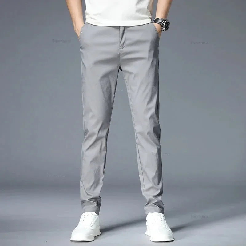 Summer Ultra-thin Men's Casual trousers Slim Straight Elastic Ice Silk Sports Jogging Pants Fashion Korean Black Khaki Green
