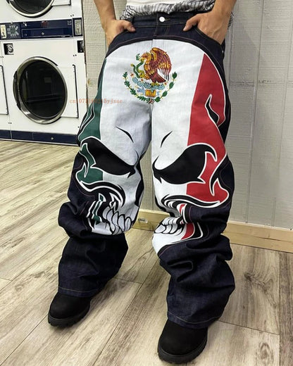 Tide Y2k Jeans Men Women Skull Elements Personalized Straight Pants