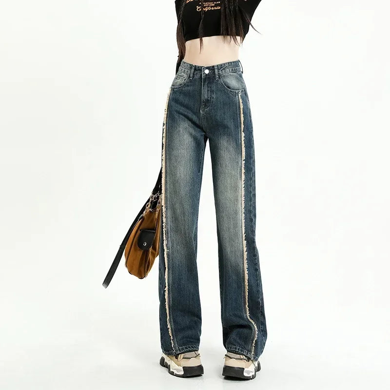 Cotton Wide-leg Women's Baggy Jeans High Waist Distressed Vintage Blue Raw Edge Splicing Y2K Pants Fashion Streetwear Autumn