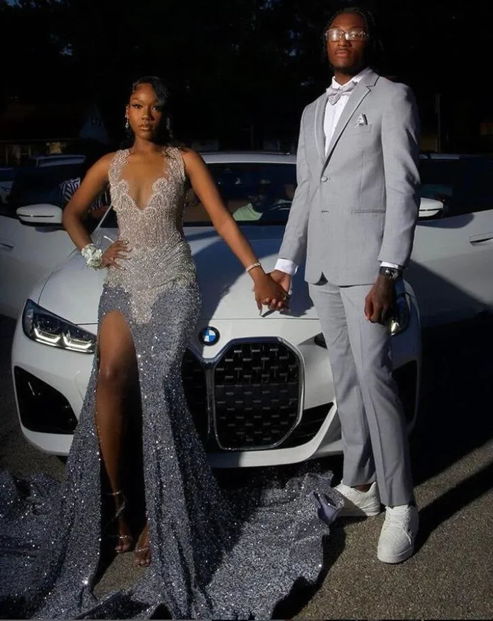 Long Sparkly Prom Dresses High Slit Luxury Diamond Silver Sequin