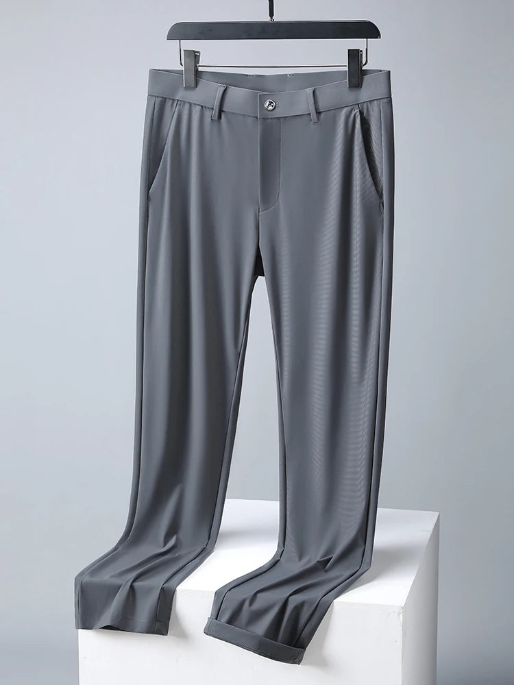2022 New Summer Men Long Pants Breathable Stretched Spandex Nylon Slim Thin Chinos Male Business Formal Straight Suit Trousers