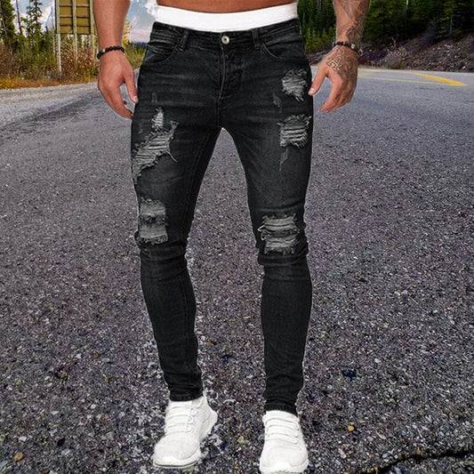 Classic Men Jeans Black Ripped Pencil Pants Solid Color Jeans