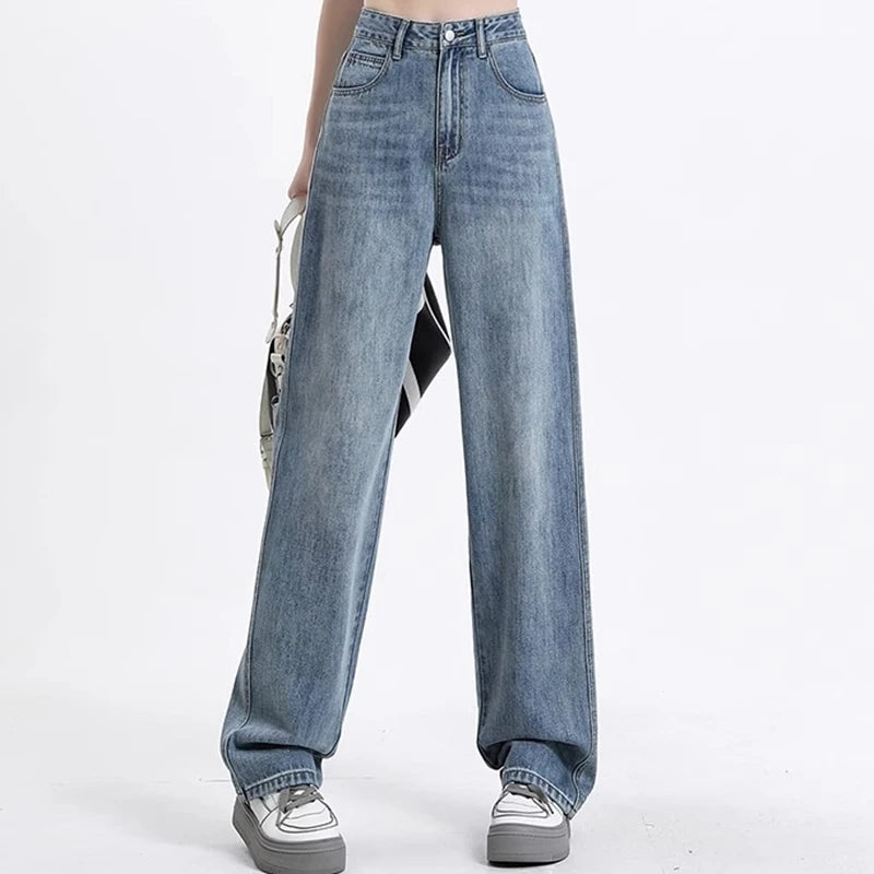 Girls High Waist Wide Leg Jeans Lady High Street Denim Straight Leg Pants Female Retro Blue Light Blue Black Gray Pink Trousers
