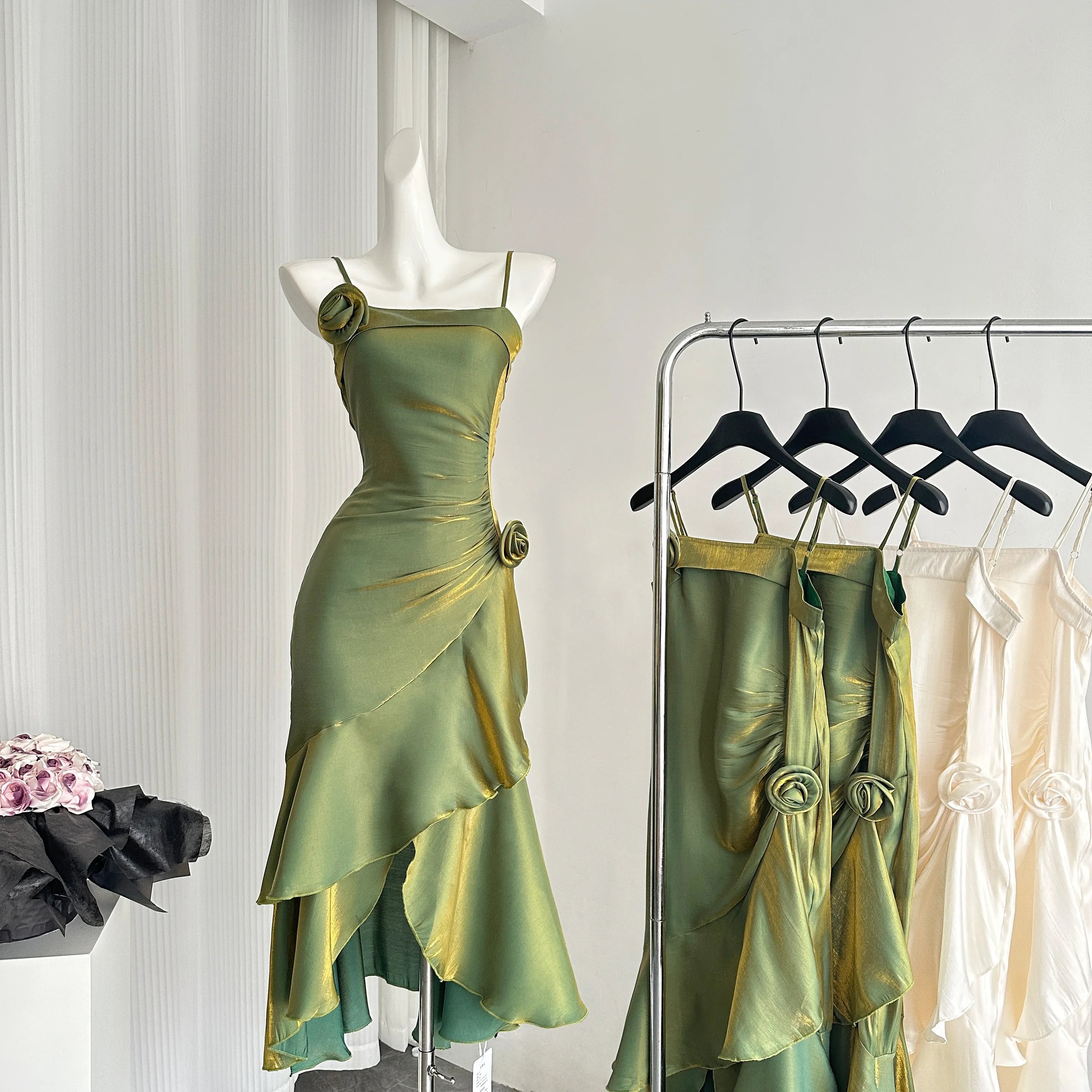 2025 Summer Women French Vintage Dress Spaghetti Strap Frocks One-Piece Evening Party Shoujo Gyaru Wedding Prom Gown Robe New