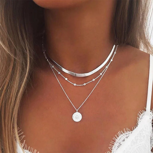 Sterling Silver Three-Layer Round Necklace For Women