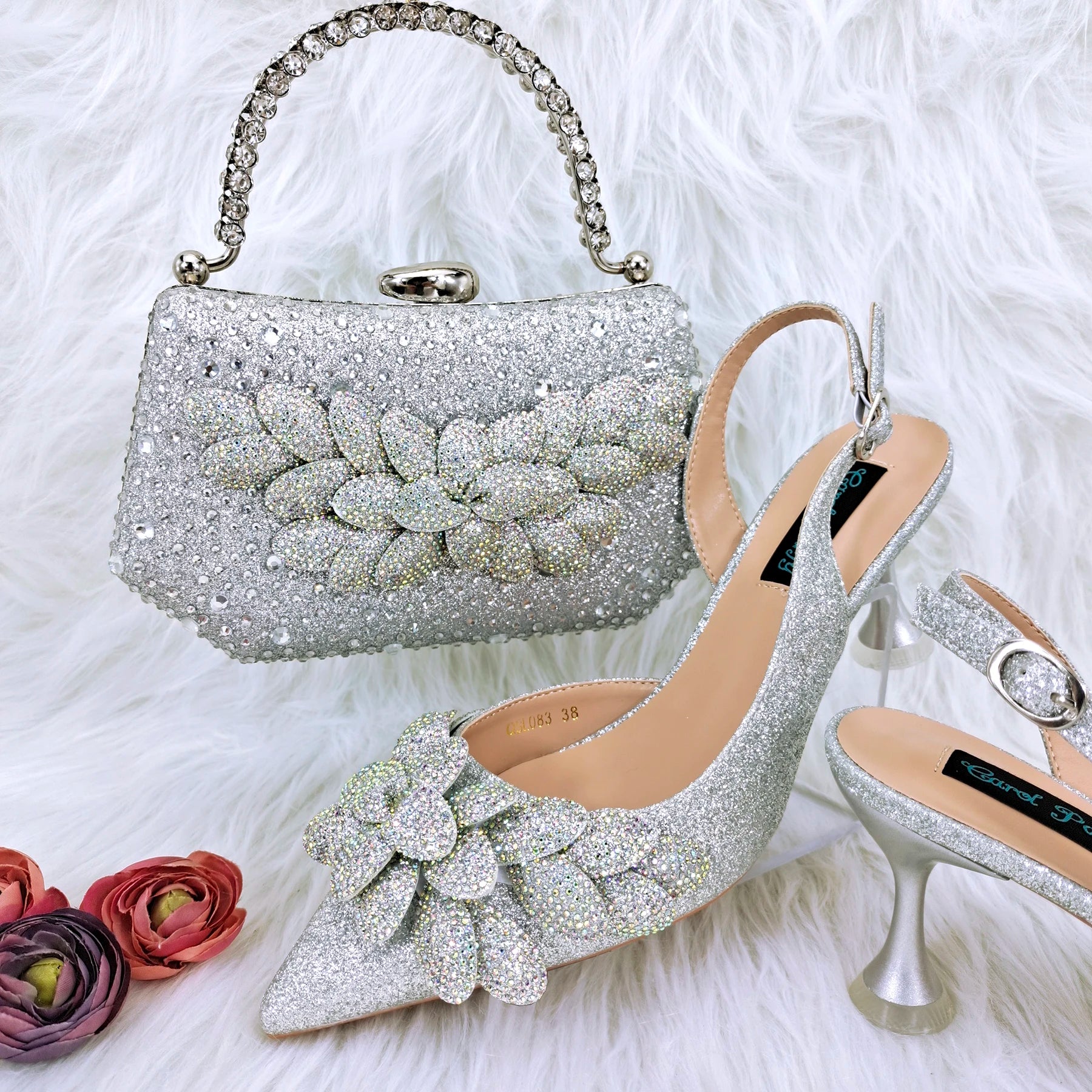 Handmade Garland Gag and Shoes Pointed Toe Pumps Crystal Handle Clutch
