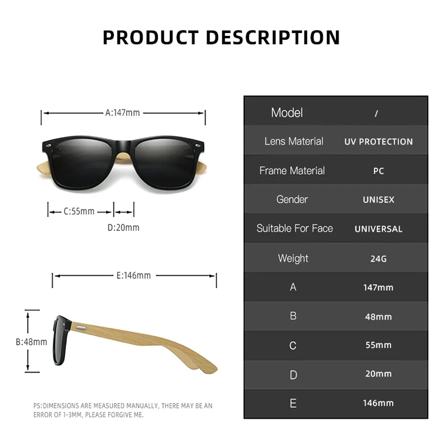 Fashion Bamboo Wood Vintage Square Sunglasses Men Women Luxury Brand Designer Sun Glasses Wooden Driving Fishing Eyewear