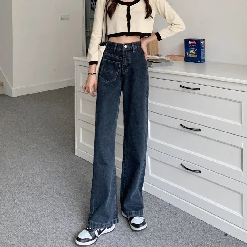 Autumn Spring Jeans Women Denim Pants  Vintage Straight Trousers Fashion Female Solid Pocket Casual Jeans Wide Leg Pants