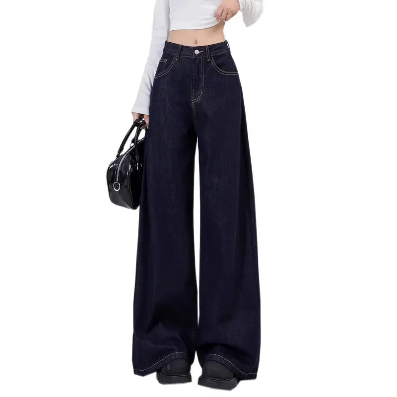 Women's Loose-Fit Jeans High-Waisted Straight-Leg Niche Draped Lazy Walking Wide-Leg Long Pants Deep Blue Autumn Season