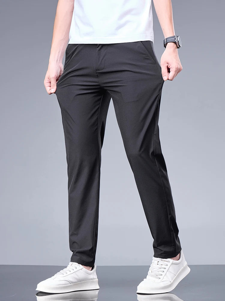 Business Ice Silk Pants Straight Elastic Waist Black Gray Trousers