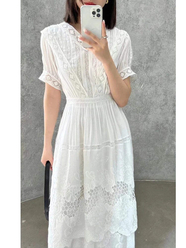 Gypsylady Floral Embroidery Chic Midi Dress White Cotton Summer Boho Women Tiered Dresses Puff Sleeve Sheer Sexy Holiday Vestido