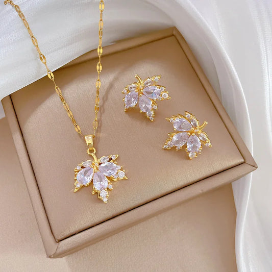 Luxury Shiny Engagement Jewelry Set Exquisite Titanium Steel Earring Necklace