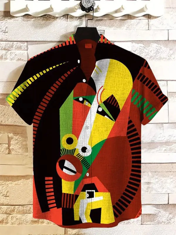 Retro African tribal totem pattern printed men's new linen comfortable fabric short sleeved shirt for casual street wear