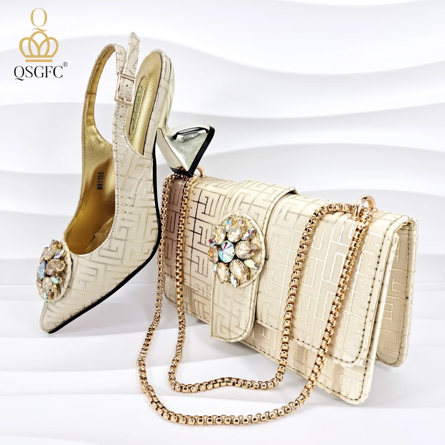 Embossed Style Big Diamond Decoration Classic Black Color Shoes and Bag Set