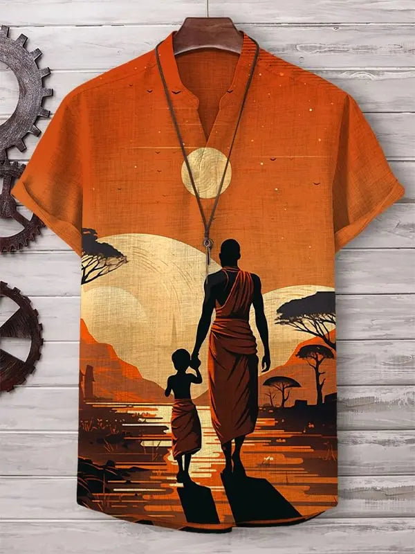 Retro African tribal totem pattern printed men's new linen comfortable fabric short sleeved shirt for casual street wear