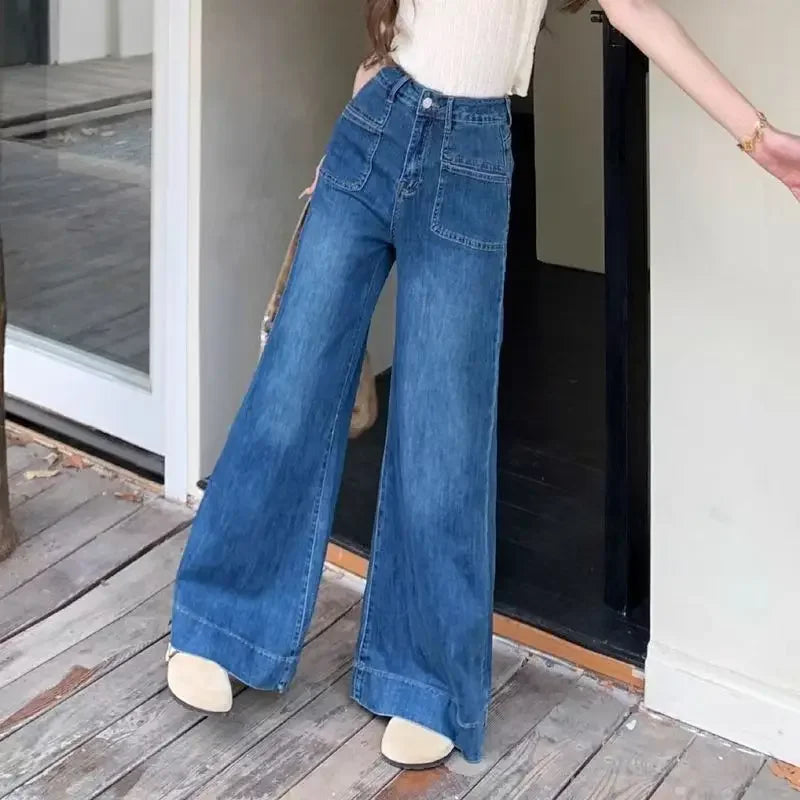 Autumn Spring Wide Leg Jeans Women Denim Pants Vintage Denim Trousers Fashion Female Bllue Straight Jeans Casual Wide Leg Pants
