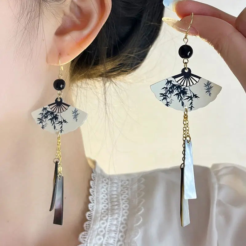 Steel Fun Jewelry HanFu Moon Pendent Long Tassel Earrings for Women