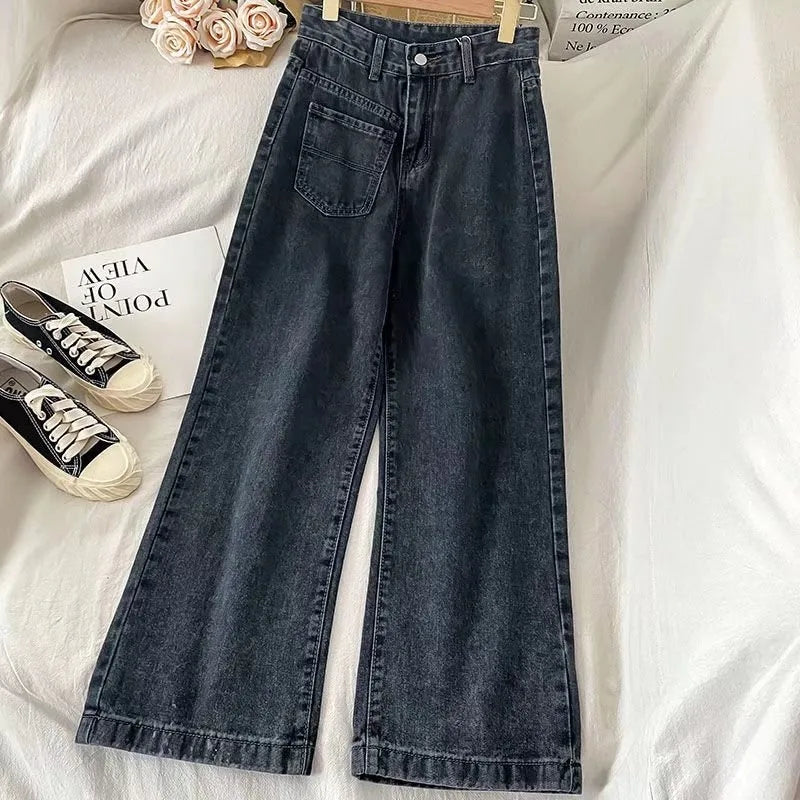 Autumn Spring Jeans Women Denim Pants  Vintage Straight Trousers Fashion Female Solid Pocket Casual Jeans Wide Leg Pants