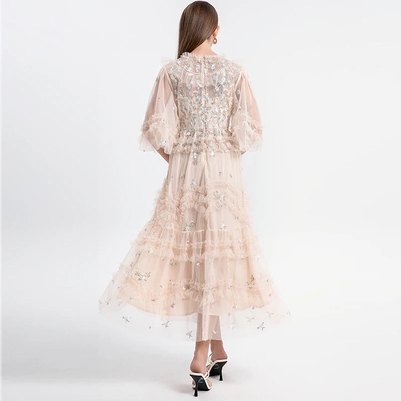 Summer Holiday Embroidery Flower Ruffles Midi Party Evening Dress
