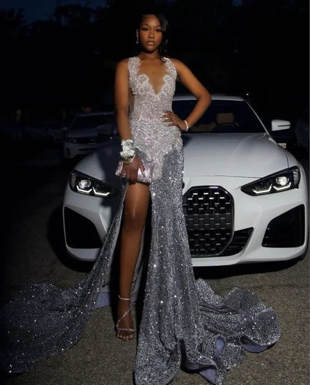 Long Sparkly Prom Dresses High Slit Luxury Diamond Silver Sequin