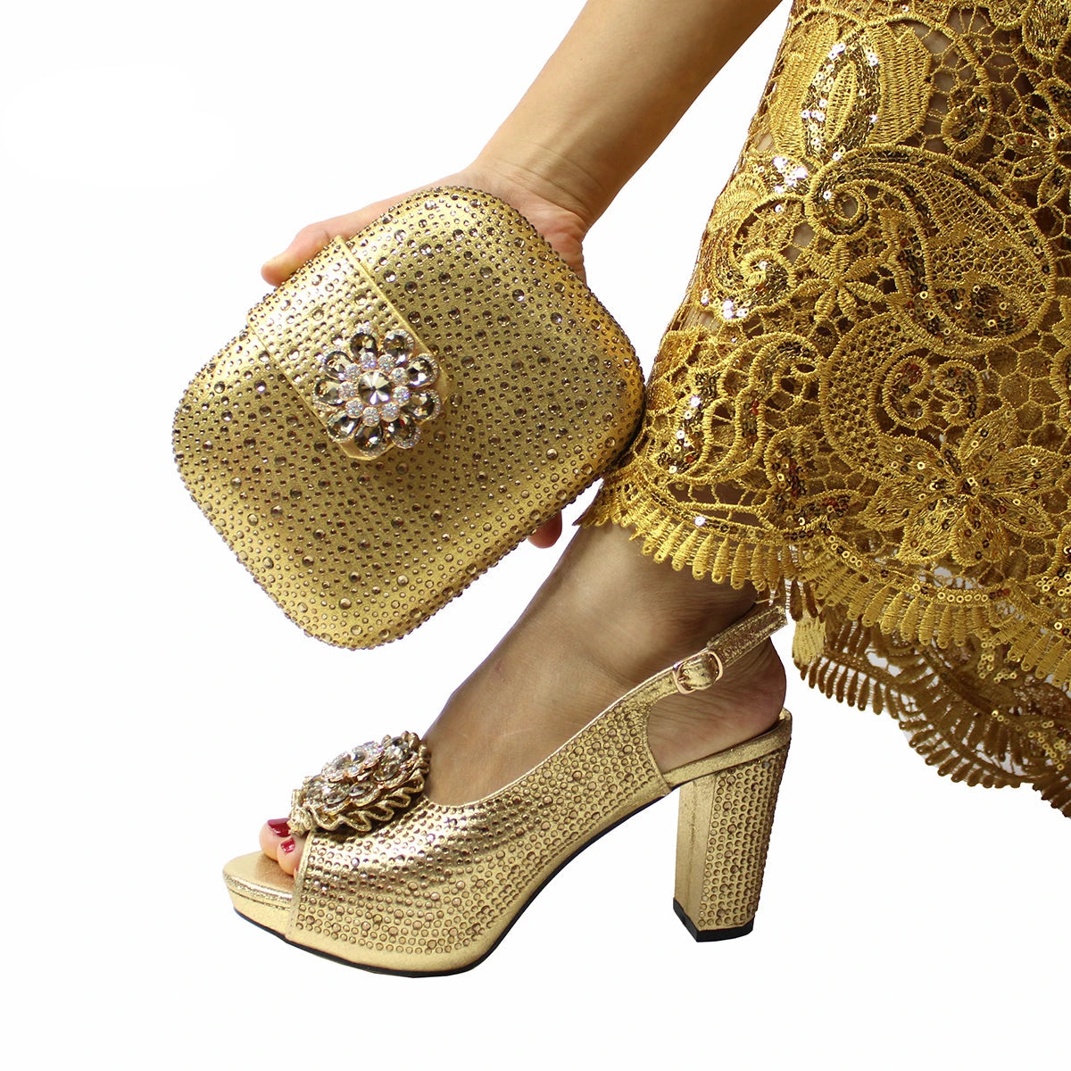 Peep Toe Spring Autumn Lady Shoes and Bag Set in Gold Color