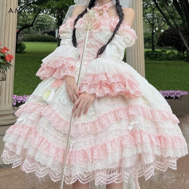Haute Sense Heavy Industry Lolita Dress Female Sweet Off-Shoulder Lace Stitching Multi-Layer Dresses Birthday Dress for Women