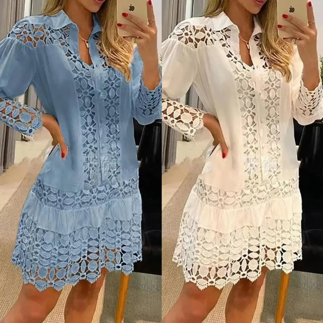 Women Long Sleeve 2 Piece Sets Solid Color Lace Splicing Elegant Prom Dress