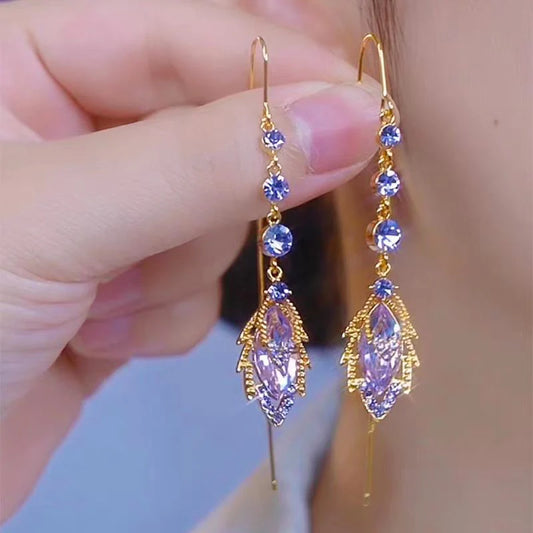 Elegant Purple Crystal Maple Leaf Long Tassel Ear Wire for Women