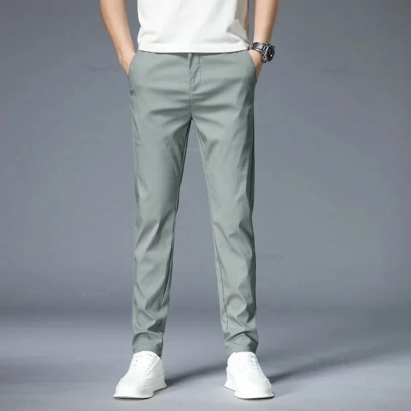 Summer Ultra-thin Men's Casual trousers Slim Straight Elastic Ice Silk Sports Jogging Pants Fashion Korean Black Khaki Green