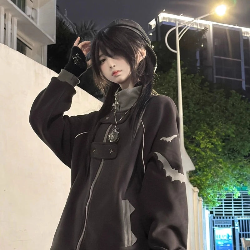 2000s Subculture Stand Neck Zip Up Hoodie Print Bat Loose Outwear Ropa Mujer Casual Fashion Korean Coats Harajuku Y2k Sweatshirt