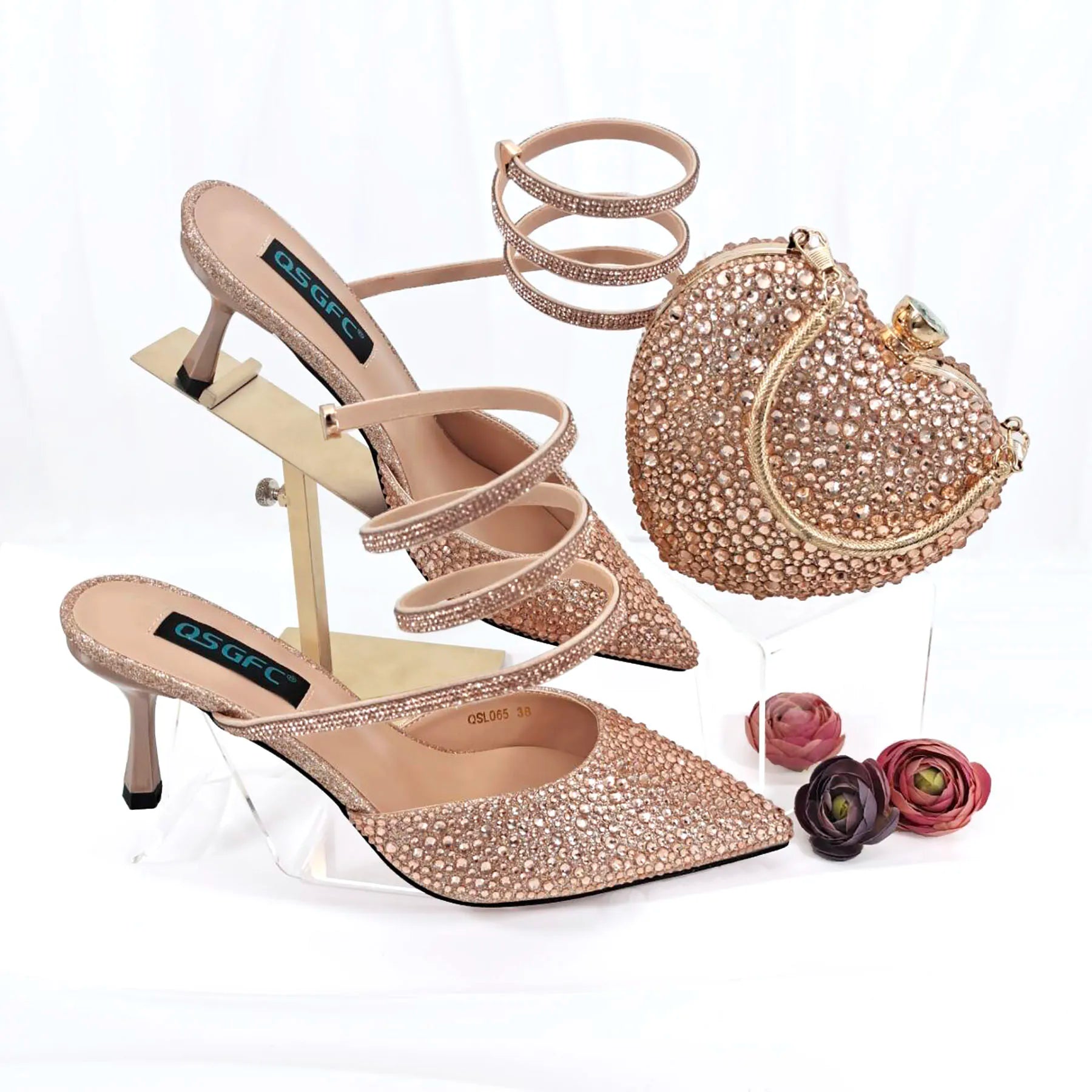 Shoes And Bag Full Diamond Women's Pointed Toe High Heels