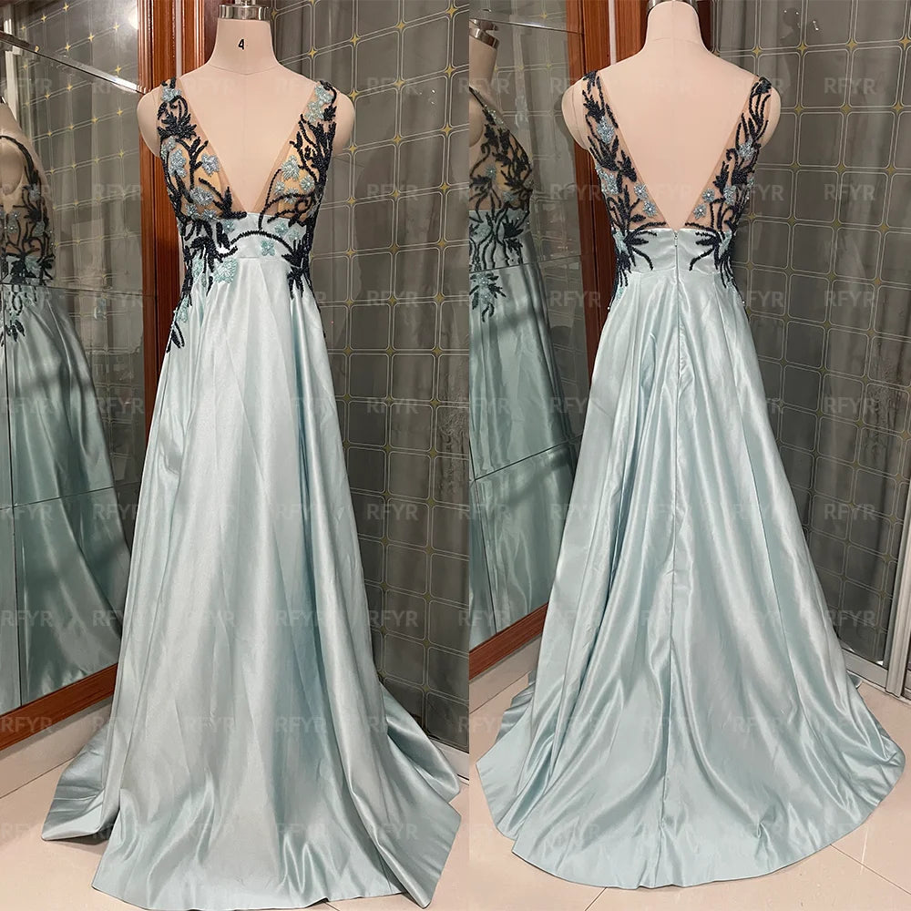 RFYR Spaghetti Strap Blue Formal Dresses Deep V Neck Party Dress For Wedding Appliques Lace Special Occasion Dresses Customized