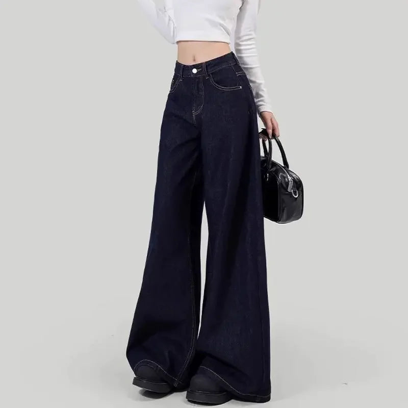 Women's Loose-Fit Jeans High-Waisted Straight-Leg Niche Draped Lazy Walking Wide-Leg Long Pants Deep Blue Autumn Season