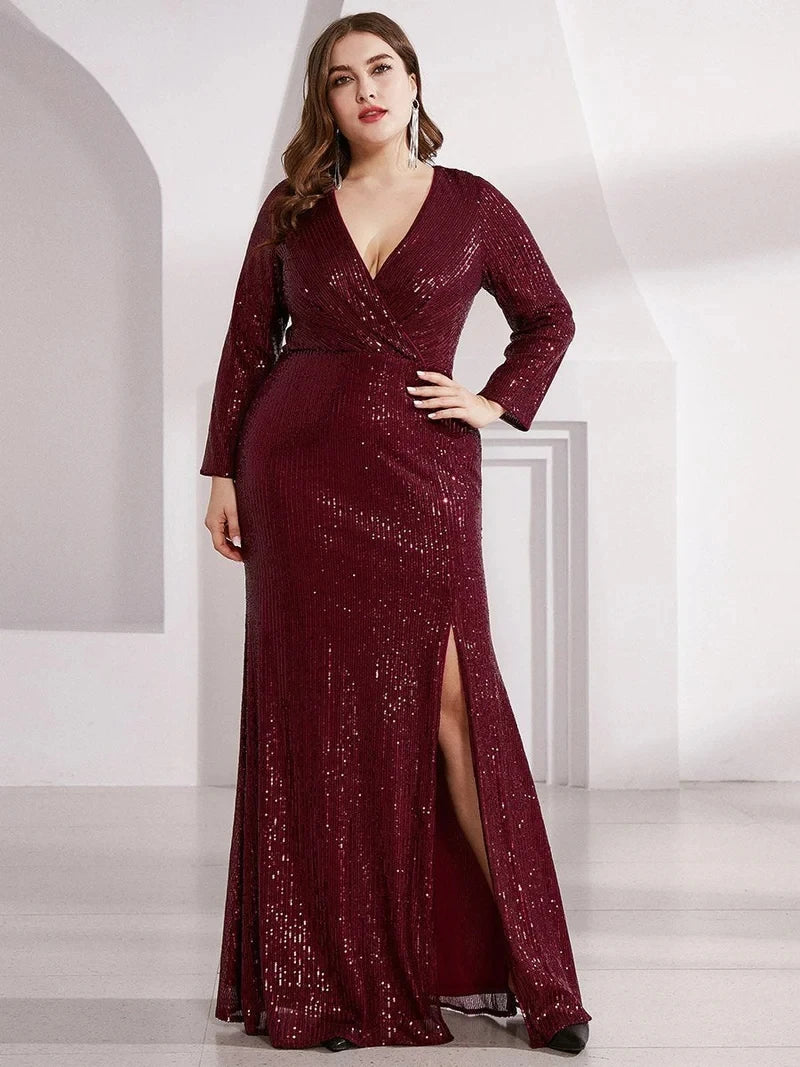 Plus Size Evening Dresses V-Neck Long Sleeves A-LINE Sequin