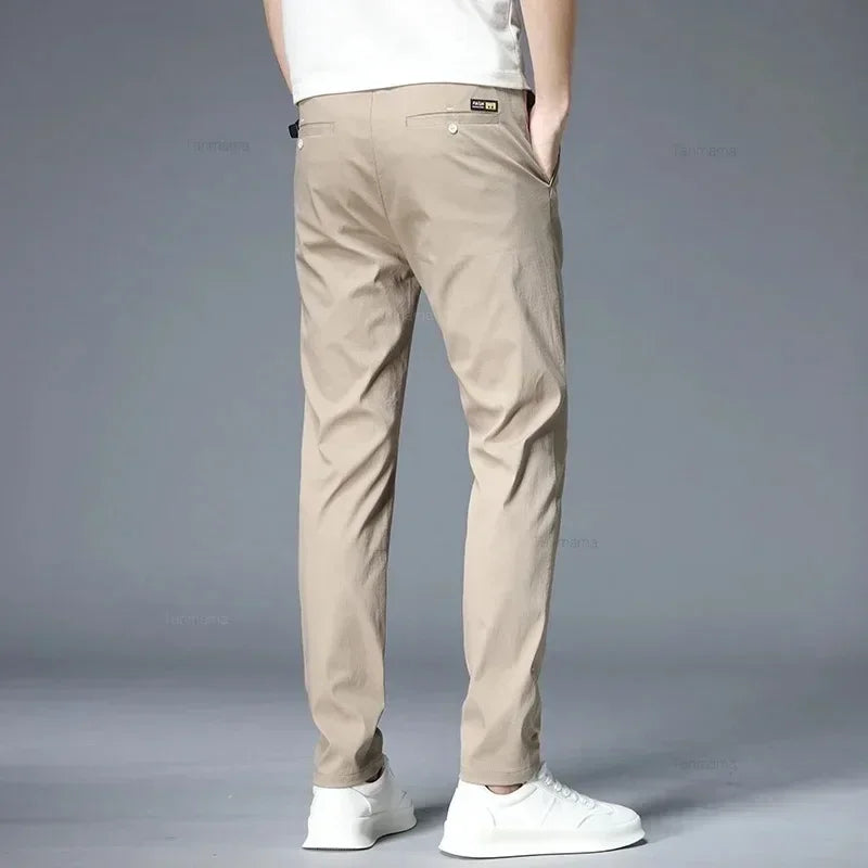 Summer Ultra-thin Men's Casual trousers Slim Straight Elastic Ice Silk Sports Jogging Pants Fashion Korean Black Khaki Green