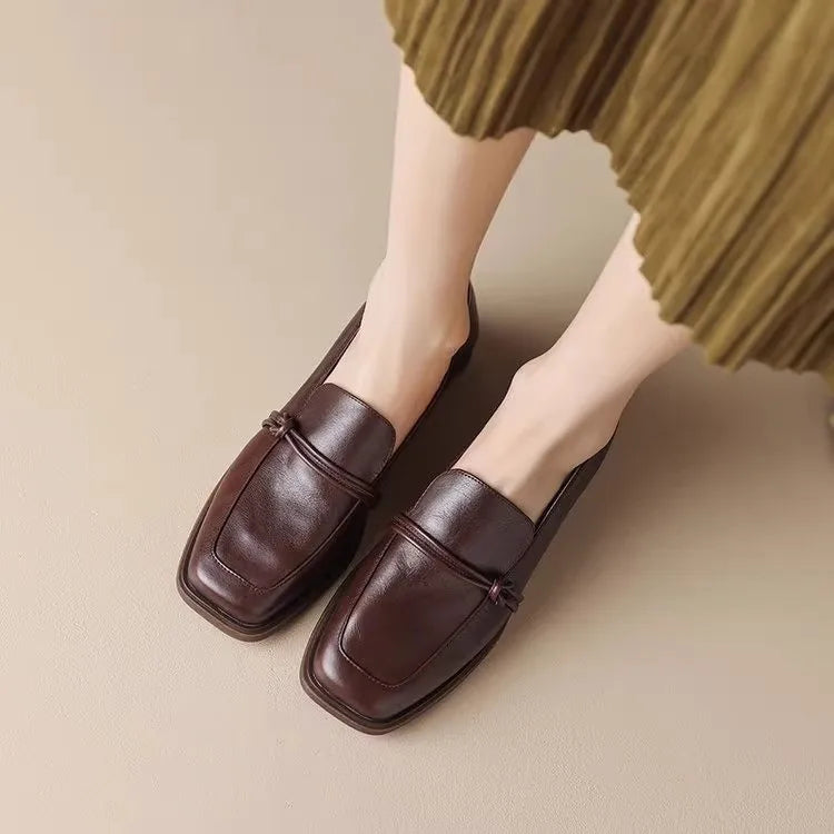 2024 Phoentin classic Loafers Women Genuine Cow Leather square Toe pumps Slip-on Retro Lady Casual cozy Shoes Handmade
