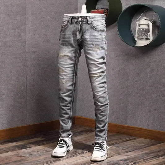 Men Jeans High Quality Retro Gray Stretch Slim Fit Ripped Jeans