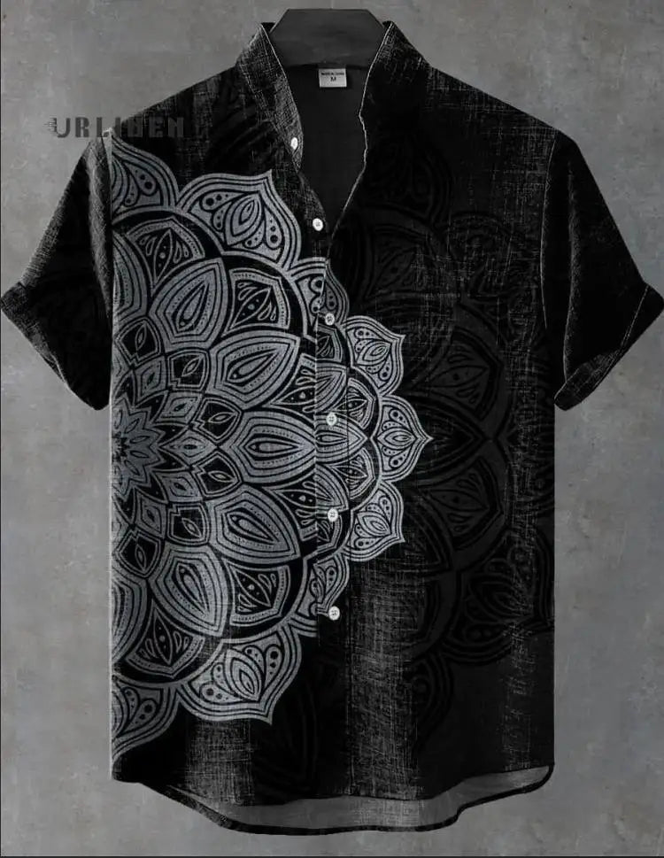 Retro African tribal totem pattern printed men's new linen comfortable fabric short sleeved shirt for casual street wear