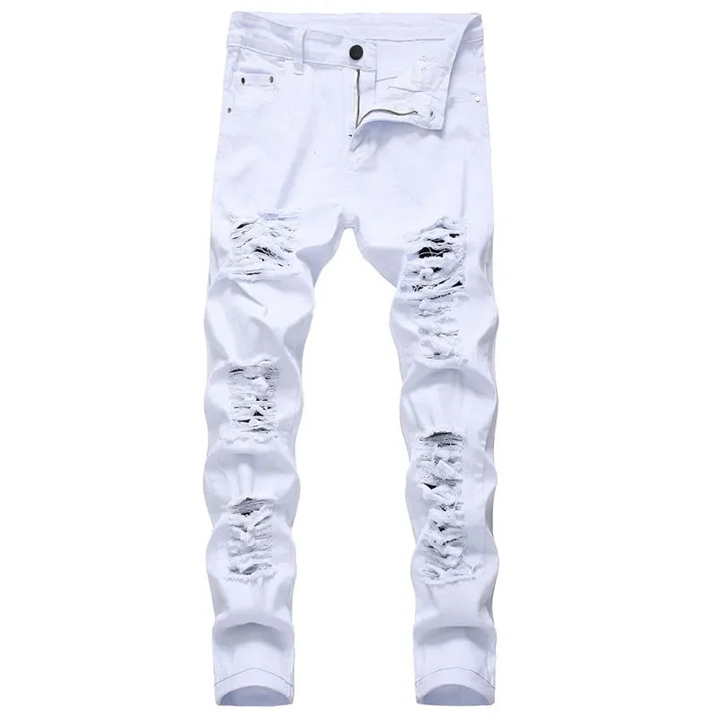 Men's White Jeans Fashion Hip Hop Ripped Skinny Men Denim Trousers