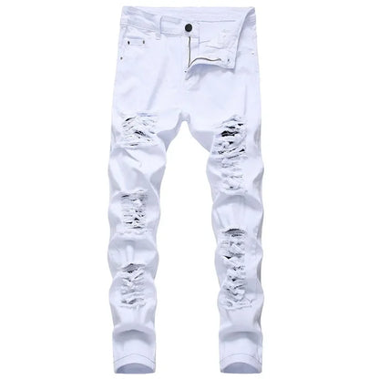 Men's White Jeans Fashion Hip Hop Ripped Skinny Men Denim Trousers