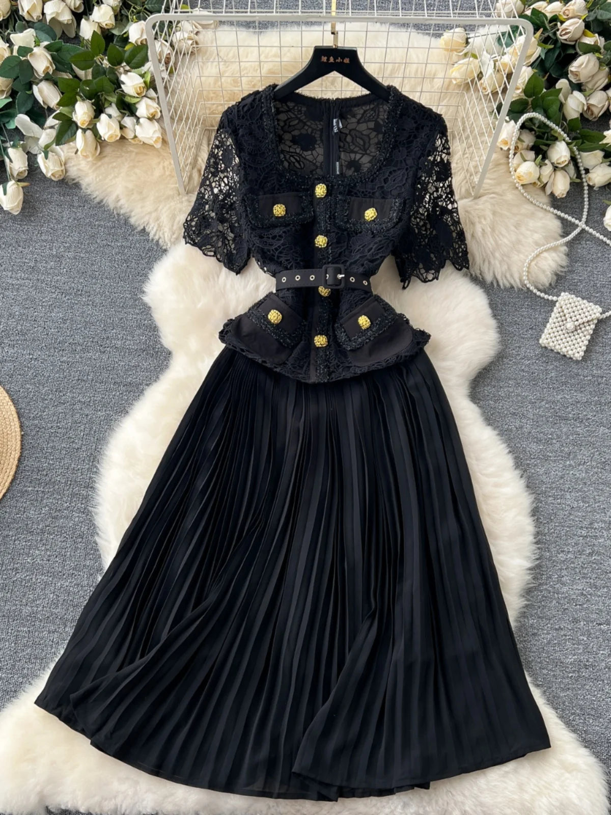Designer Summer Pleated Chiffon Lace Long Dress