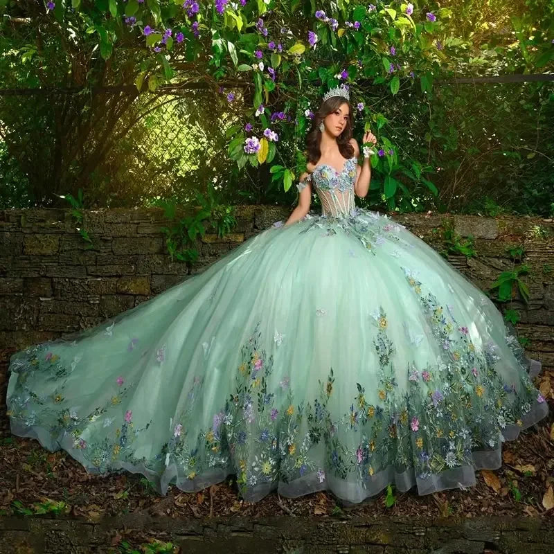 Light Green Quinceanera Dress Ball Gown 3D Butterfly
