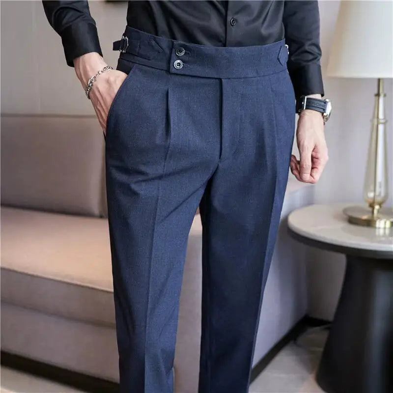 Men High Waist Casual Dress Pant Men Belt Design Slim Trousers