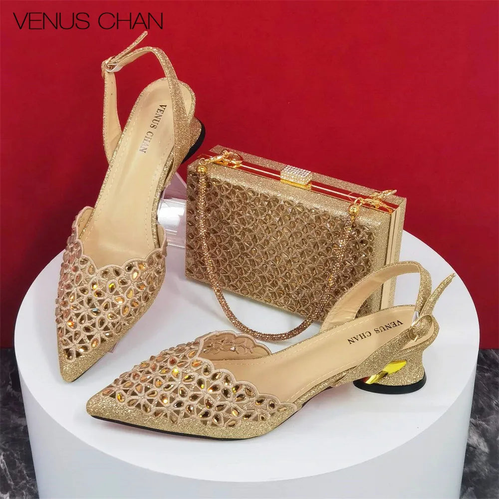 Women's High Heel Pointed Toe Sandals Party Silver Color Shoes and Bags Set