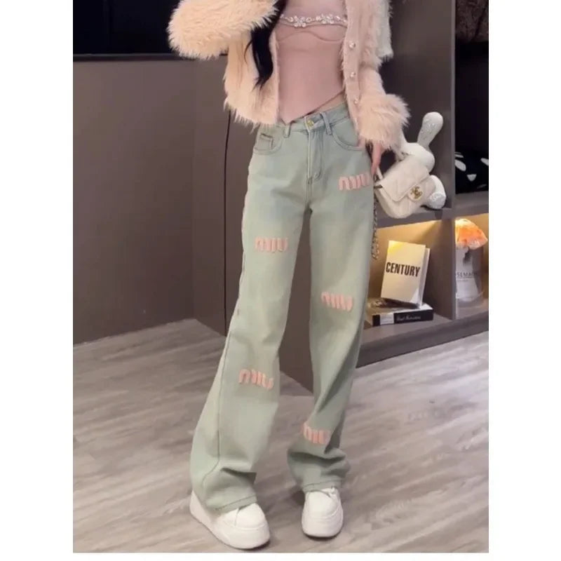2024 Korean Style Casual Jeans For Women Spring Summer New Slimming Bell Bottoms Design Sensibility Straight-leg Pants Trendy