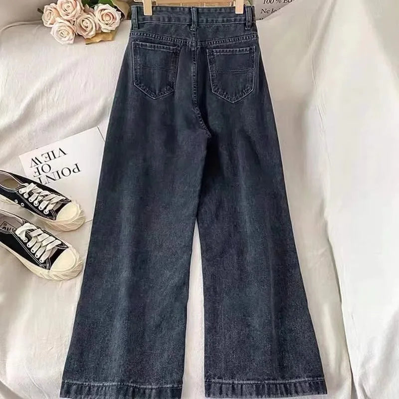 Autumn Spring Jeans Women Denim Pants  Vintage Straight Trousers Fashion Female Solid Pocket Casual Jeans Wide Leg Pants